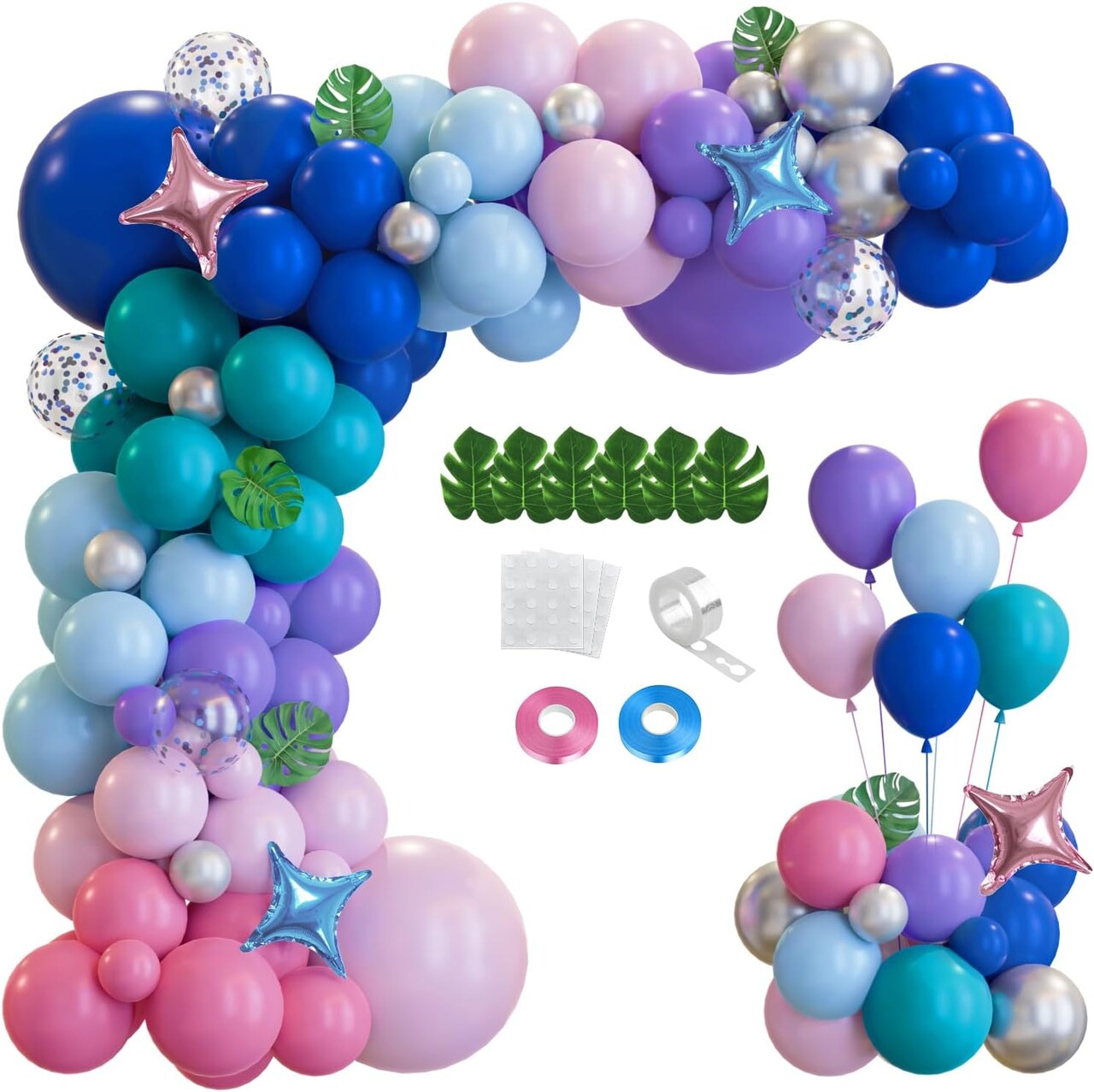 148pcs Stich Blue Purple Pink Balloon Arch Garland Kit Silver with Palm Leaves Foil Star for Hawaii Tropical Cartoon Summer Pool Theme Party Gender Reveal Decorations
